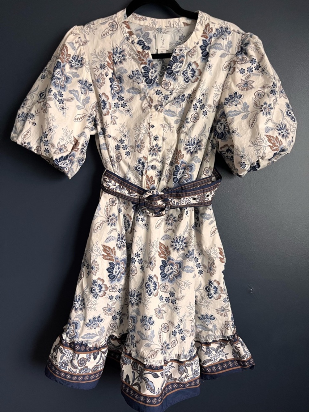Joie Cream Floral Button-Front Mini Dress with Blue & Brown Print